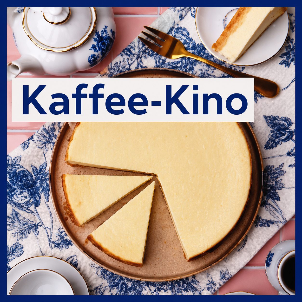 Ein Kuchen steht auf einer gedeckten Kaffeetafel.