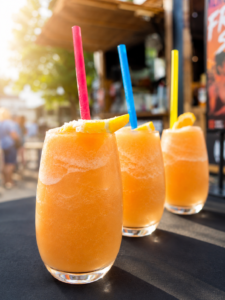 3 Gläser mit orangenem Inhalt und Strohalmen stehen auf einem Tisch.