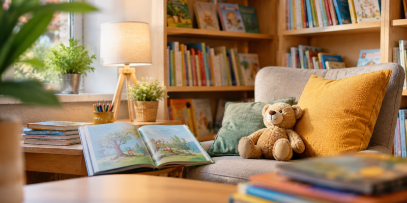 Ein Ausschnitt einer Wohnstube. Ein Teddy sitzt auf dem Sofa, neben ihm ist ein Bilderbuch aufgeschlagen.