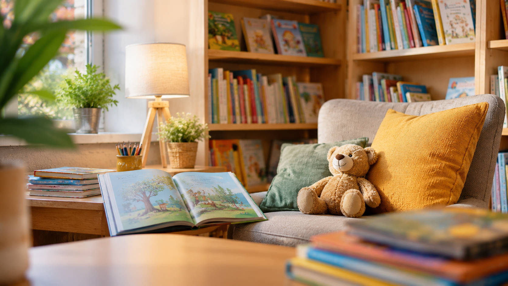 Ein Ausschnitt einer Wohnstube. Ein Teddy sitzt auf dem Sofa, neben ihm ist ein Bilderbuch aufgeschlagen.