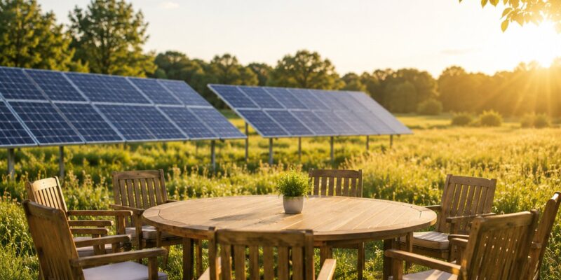 Eine Tischgruppe aus Holz steht auf einer Wiese. Im Hintergrund stehen Solarpanels.