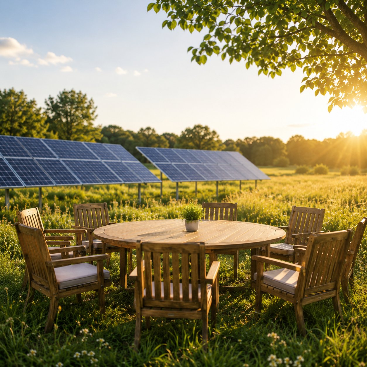 Eine Tischgruppe aus Holz steht auf einer Wiese. Im Hintergrund stehen Solarpanels.