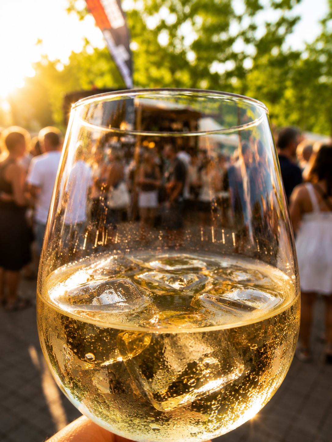 Ein Glas Wein mit Eiswürfeln.
