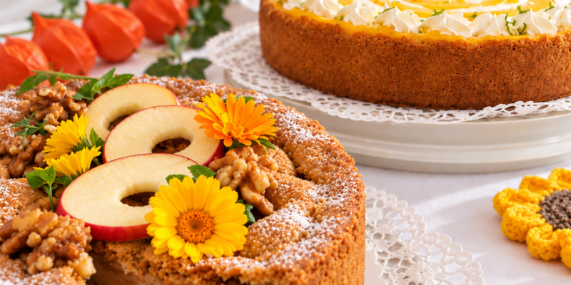 3 Apfelkuchen stehen auf einer weißen Tischtafel