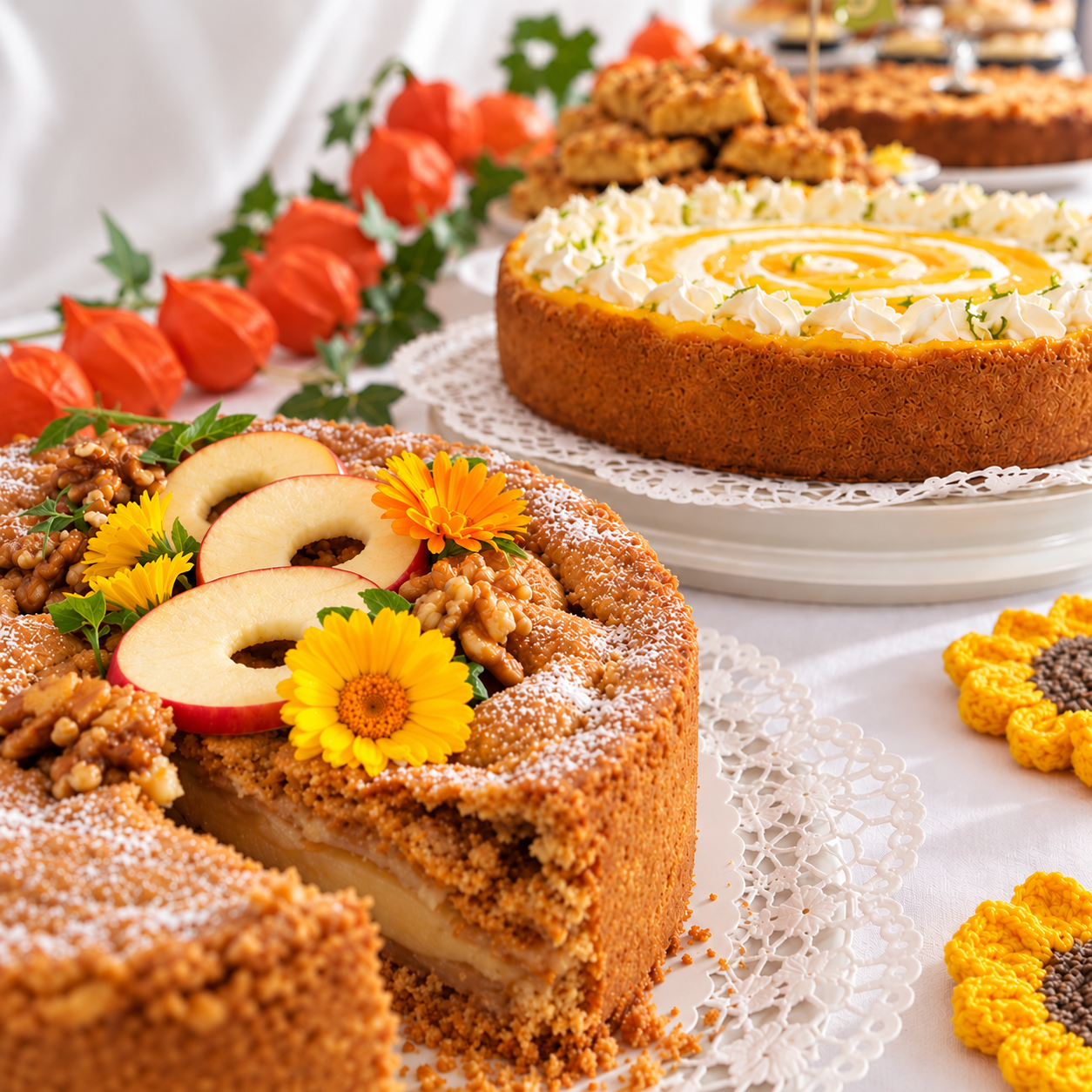 3 Apfelkuchen stehen auf einer weißen Tischtafel