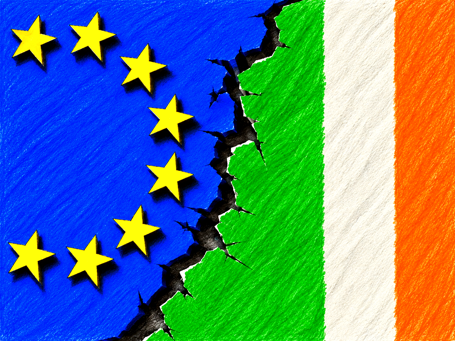 Europaflagge neben einer Irlandflagge. Inmitten ein Riss.