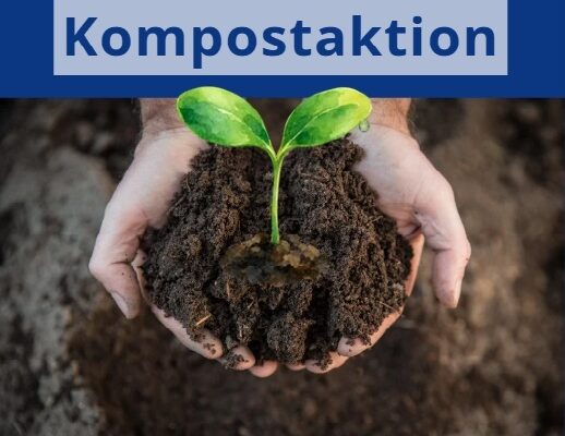 Zwei Hände halten einen Haufen Kompost. Aus der Mitte entspringt ein Setzling.