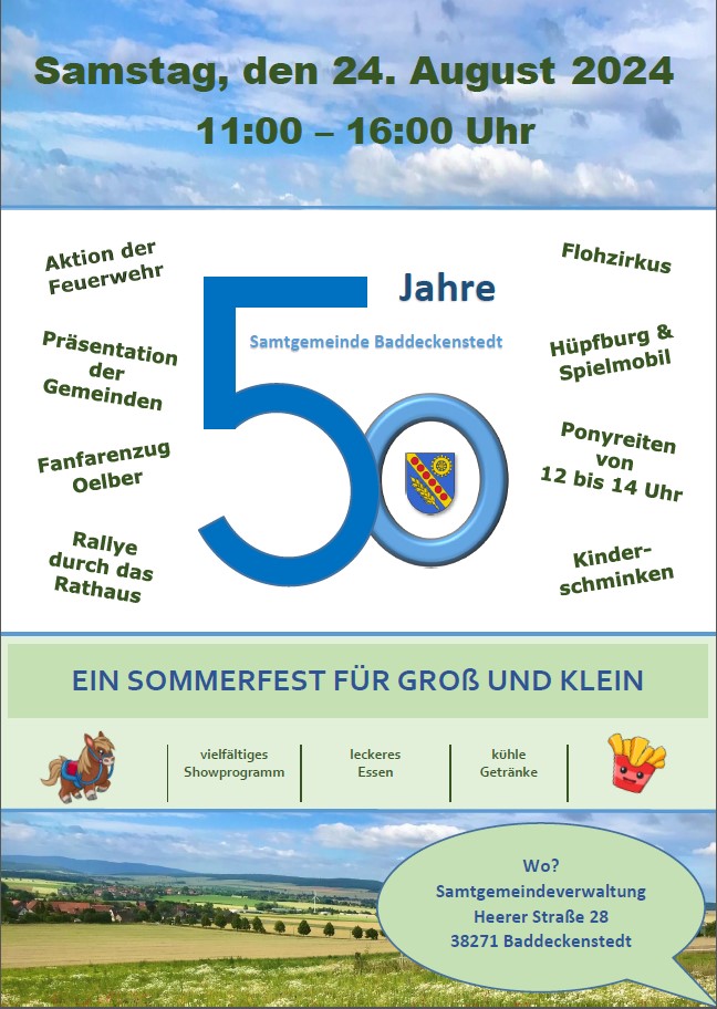 Plakat zum Sommerfest anlässlich des 50-jährigen Jubiläum der Samtgemeinde Baddeckenstedt