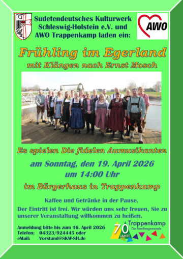 Plakat Frühling im Egerland Sonntag 19. April um 14 Uhr im Bürgerhaus Trappenkamp